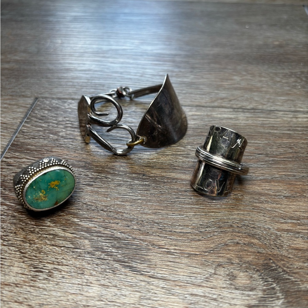 Silver Jewelry Set - Bracelet, Spoon ring and custom Turquoise Rings.